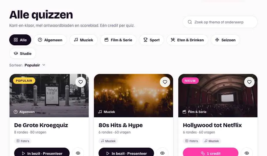 Overzicht van kant-en-klare quizzen op quizleader.nl, met categorieën en quizkaarten.